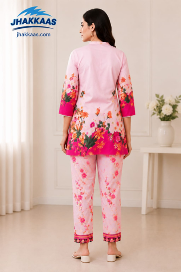 Women’s Pink Floral Printed Kurti Pant Co-Ord Set