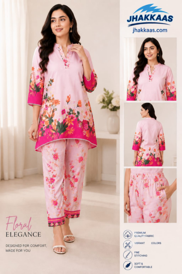 Women’s Pink Floral Printed Kurti Pant Co-Ord Set image 5