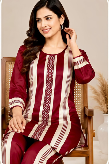 Women’s Maroon & Beige Premium Satin Kurti Pant Co-Ord Set