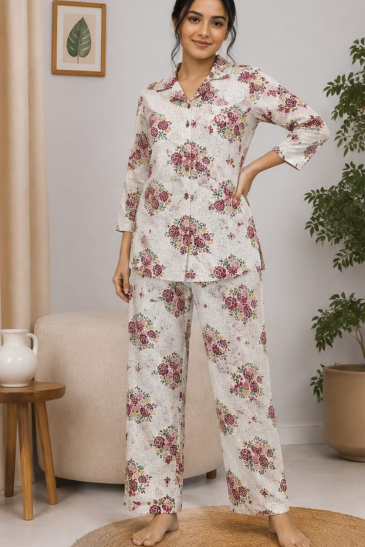 Women’s Off White Floral Printed Cotton Co-Ord Set
