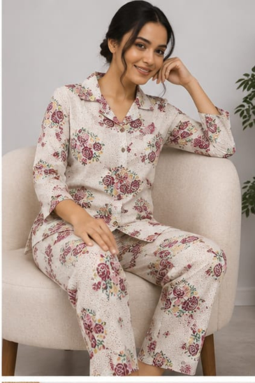 Women’s Off White Floral Printed Cotton Co-Ord Set image 2