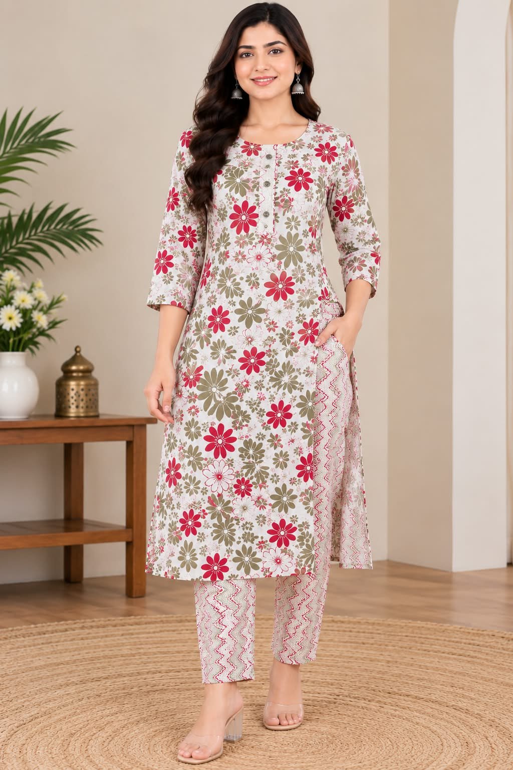 Women Floral Printed Kurti With Trouser Set