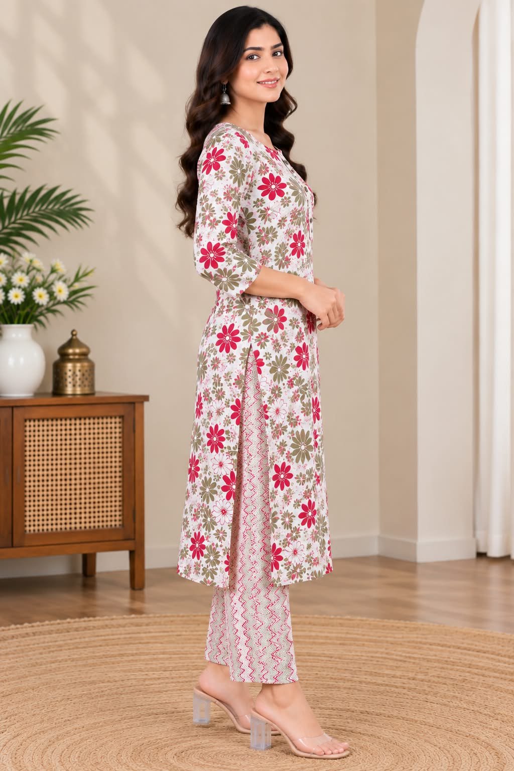 Women Floral Printed Kurti With Trouser Set image 3