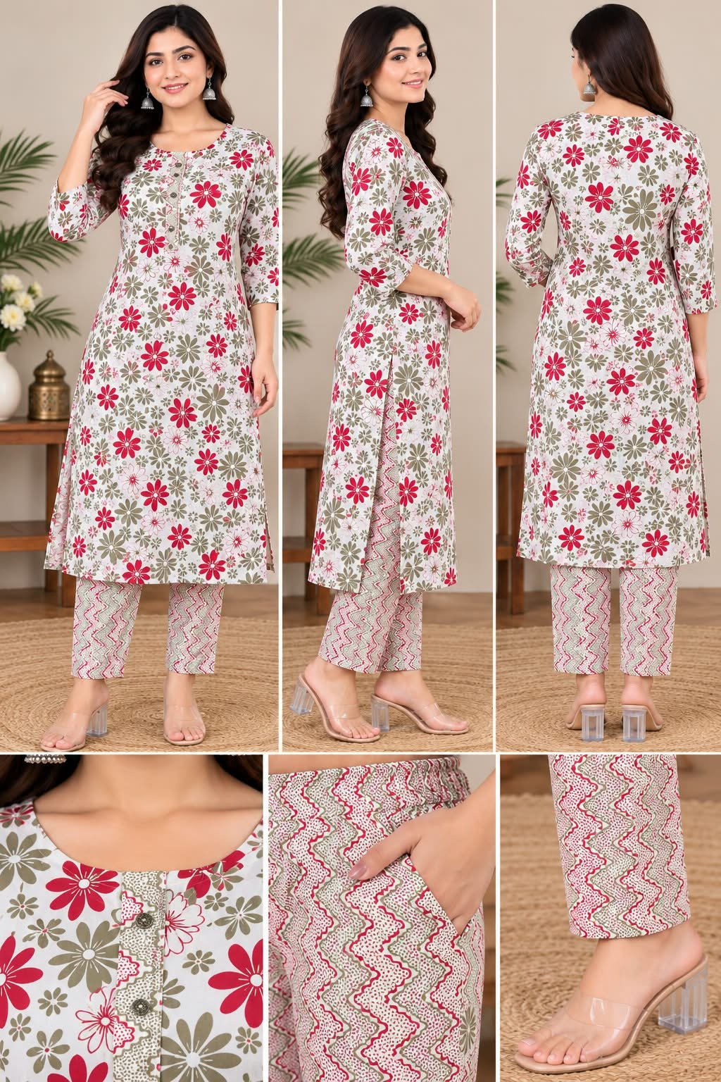 Women Floral Printed Kurti With Trouser Set image 4