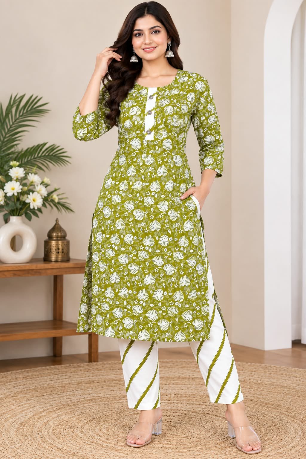 Green Printed Kurti with Trouser Set