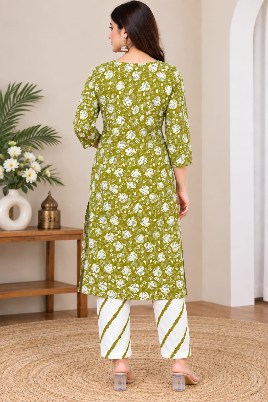 Green Printed Kurti with Trouser Set image 2