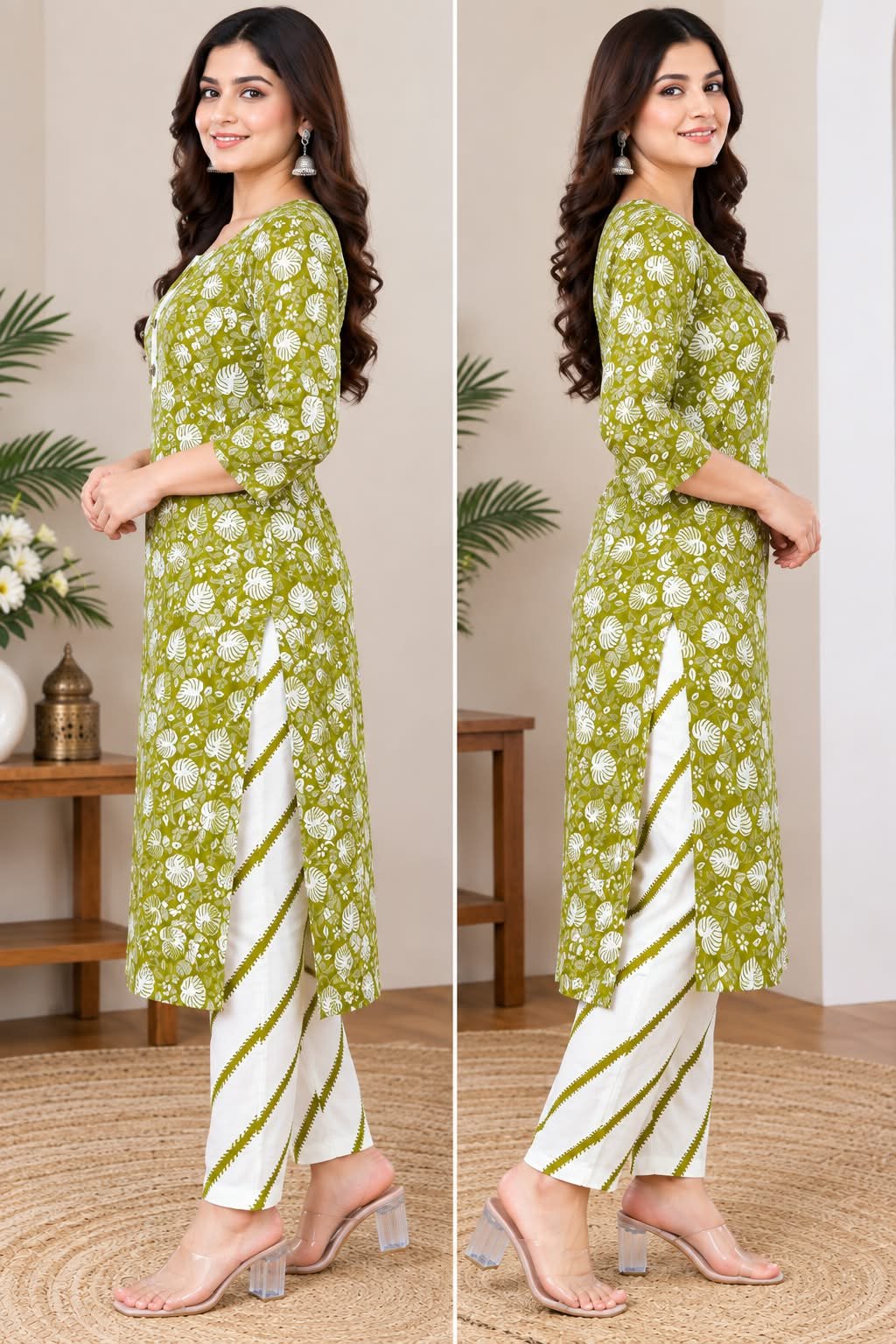 Green Printed Kurti with Trouser Set image 3