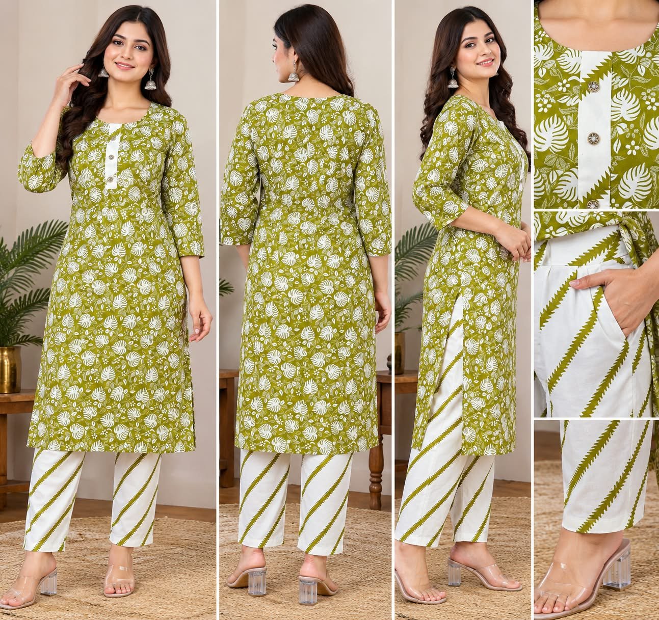 Green Printed Kurti with Trouser Set image 5