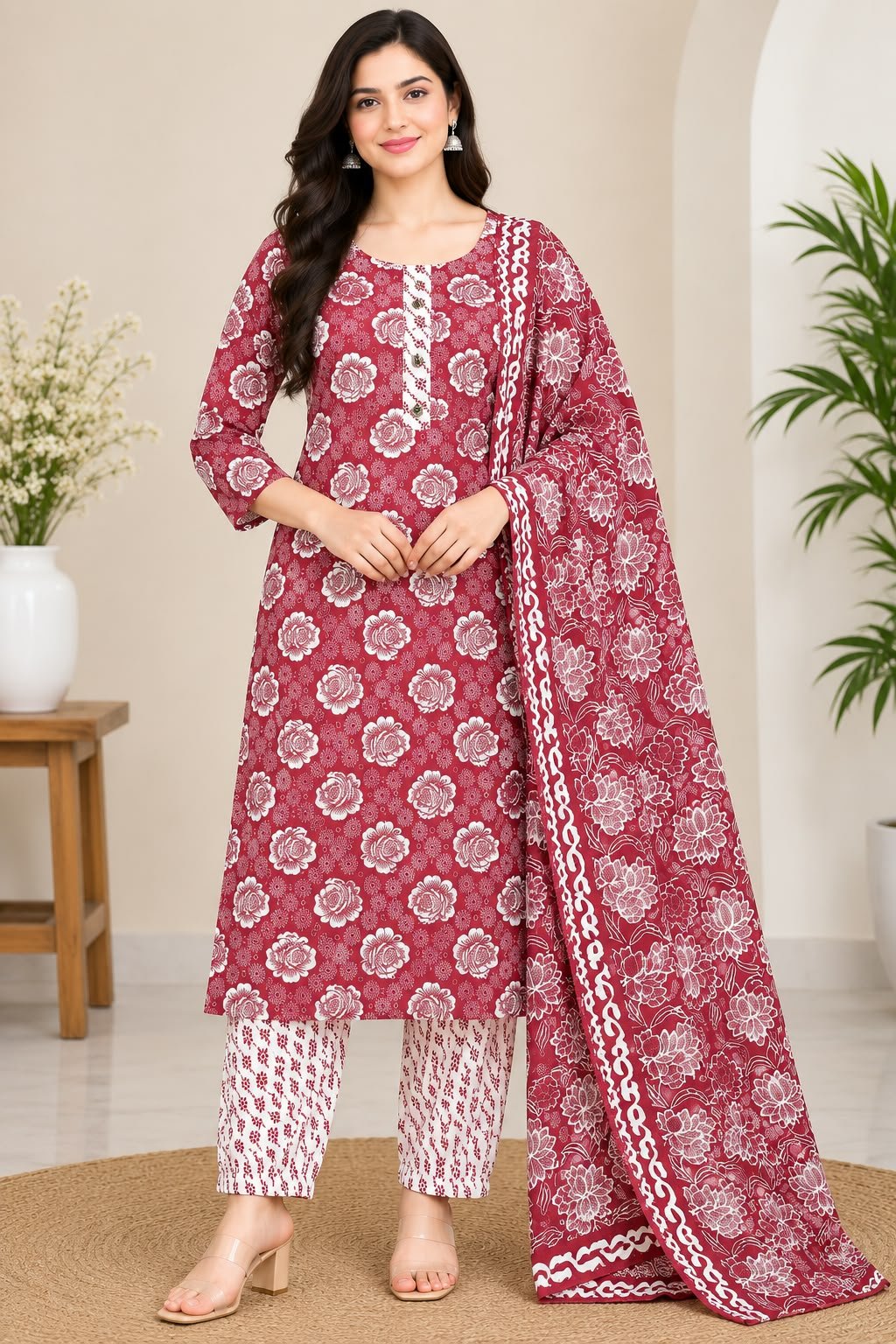 Women’s Maroon Floral Printed Kurti Trouser with Dupatta Set