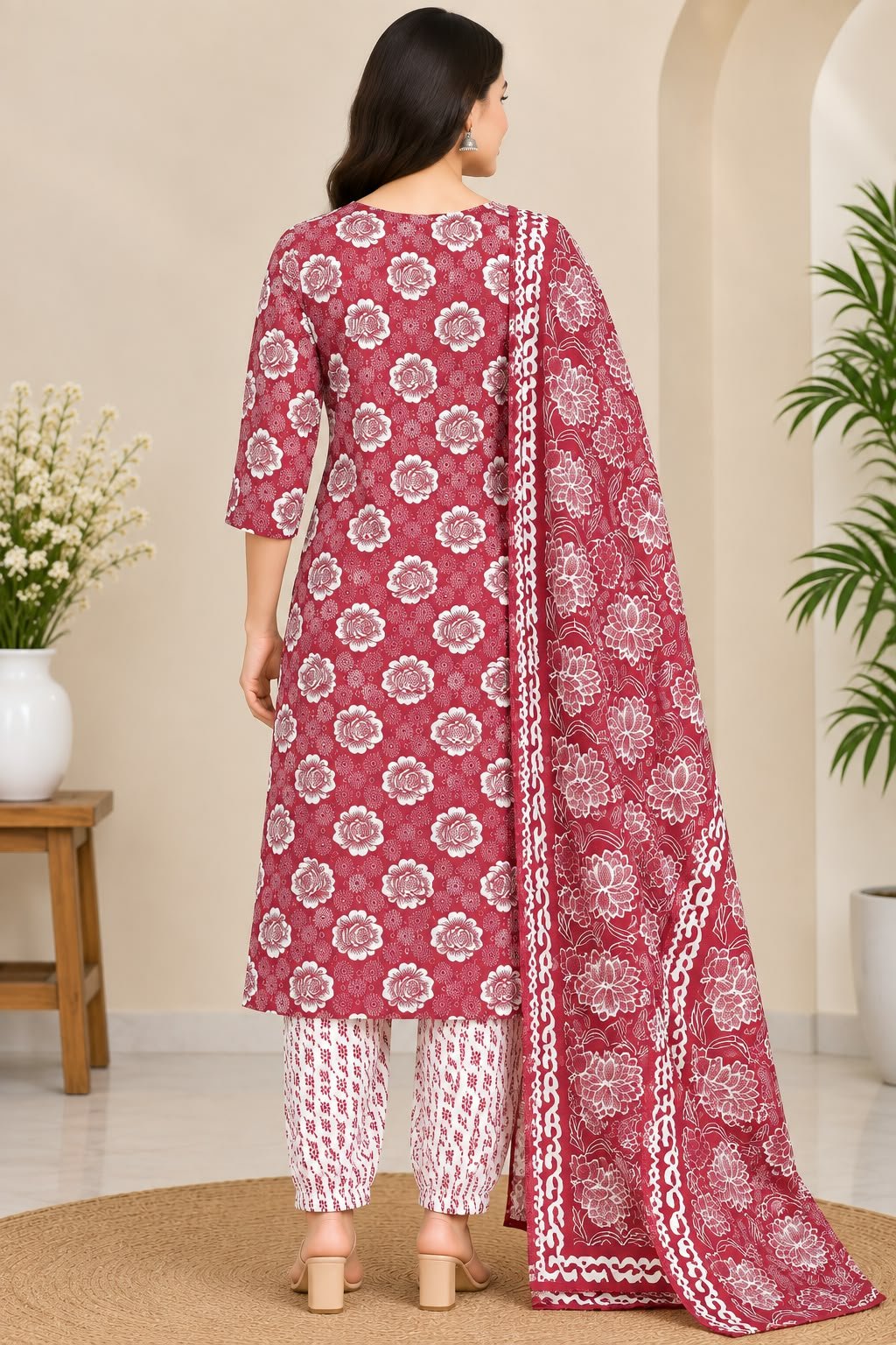 Women’s Maroon Floral Printed Kurti Trouser with Dupatta Set image 2