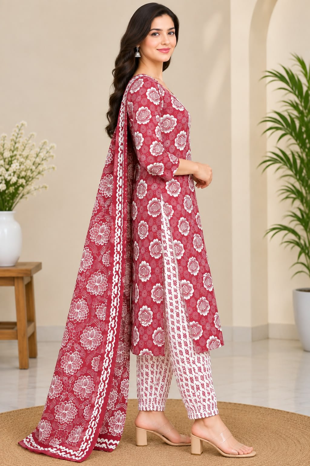 Women’s Maroon Floral Printed Kurti Trouser with Dupatta Set image 3