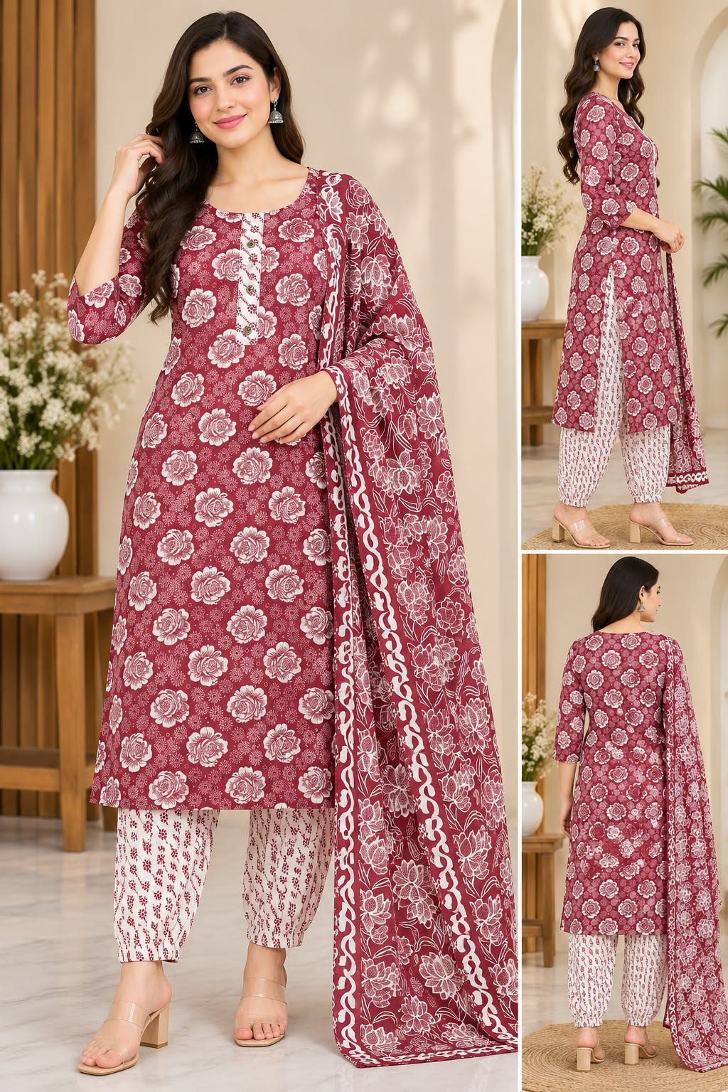 Women’s Maroon Floral Printed Kurti Trouser with Dupatta Set image 4