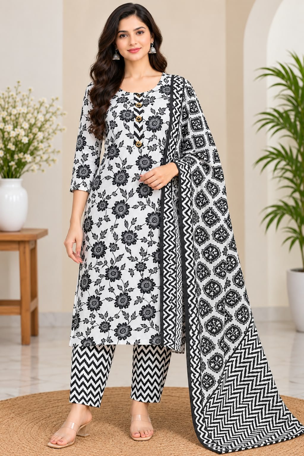 Women’s Black & White Floral Printed Kurti Trouser Dupatta Set