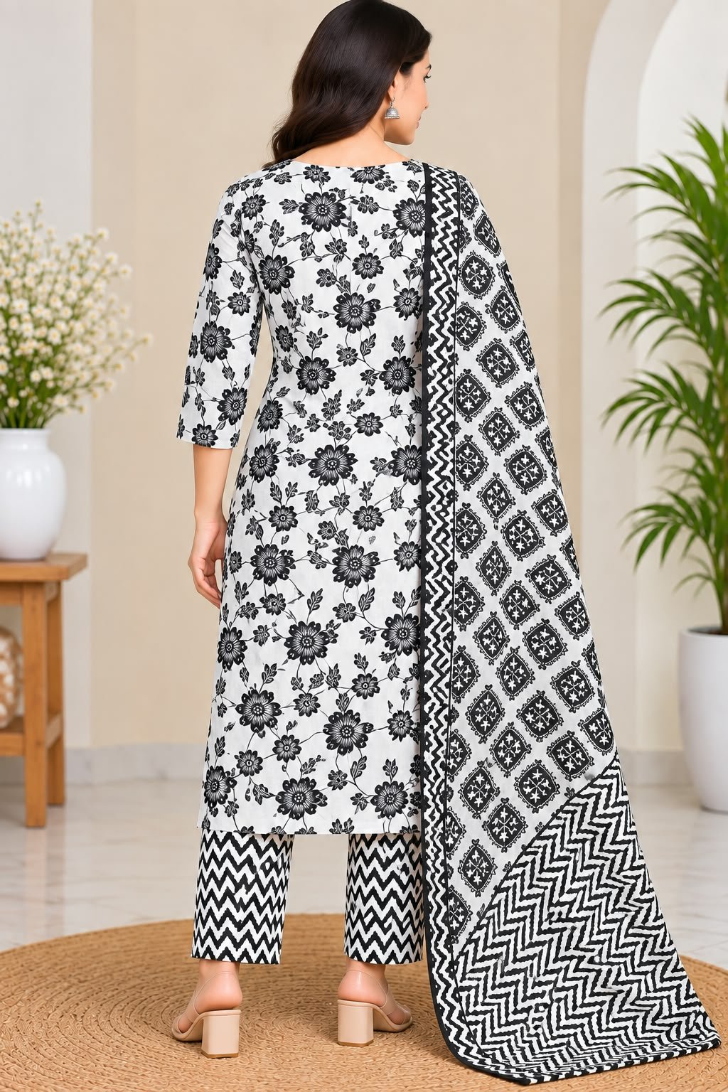 Women’s Black & White Floral Printed Kurti Trouser Dupatta Set image 2