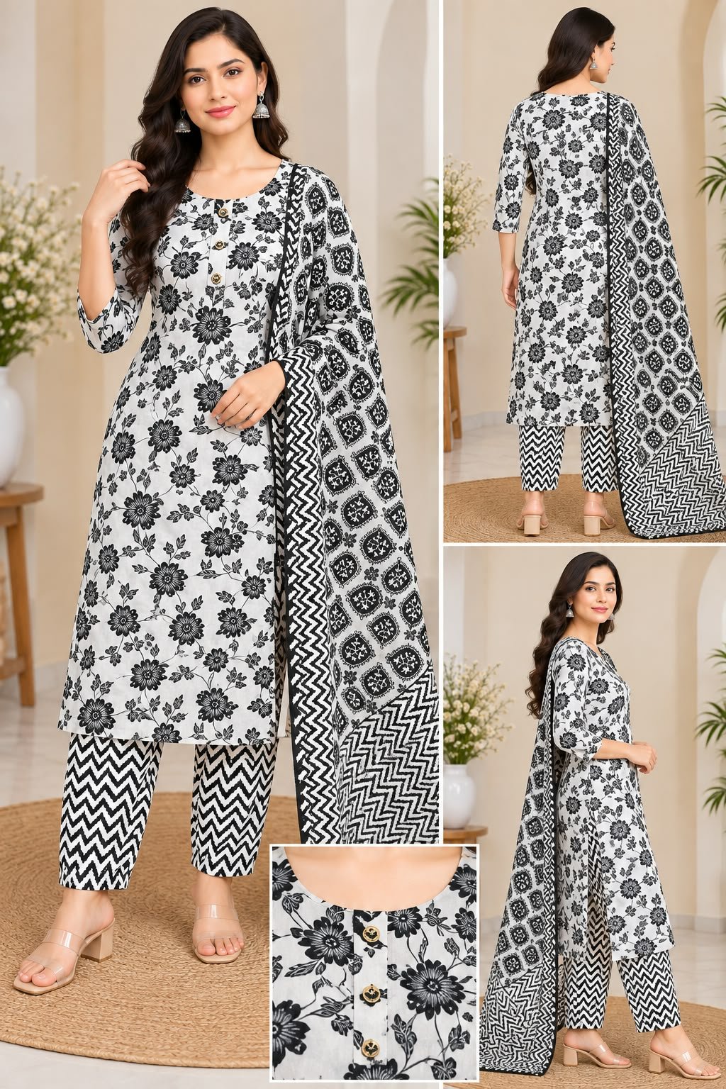Women’s Black & White Floral Printed Kurti Trouser Dupatta Set image 3