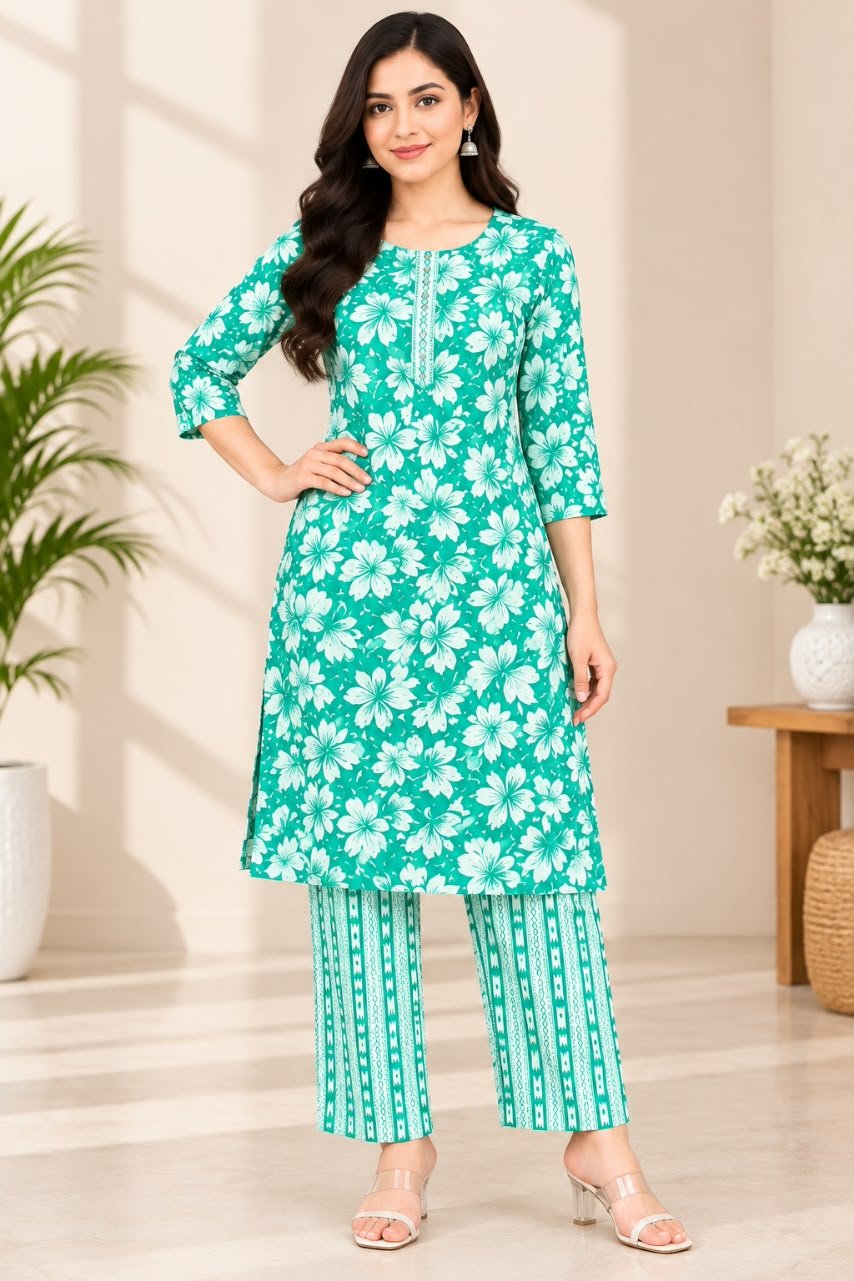 Women’s Green Floral Printed Kurti with Trouser Set