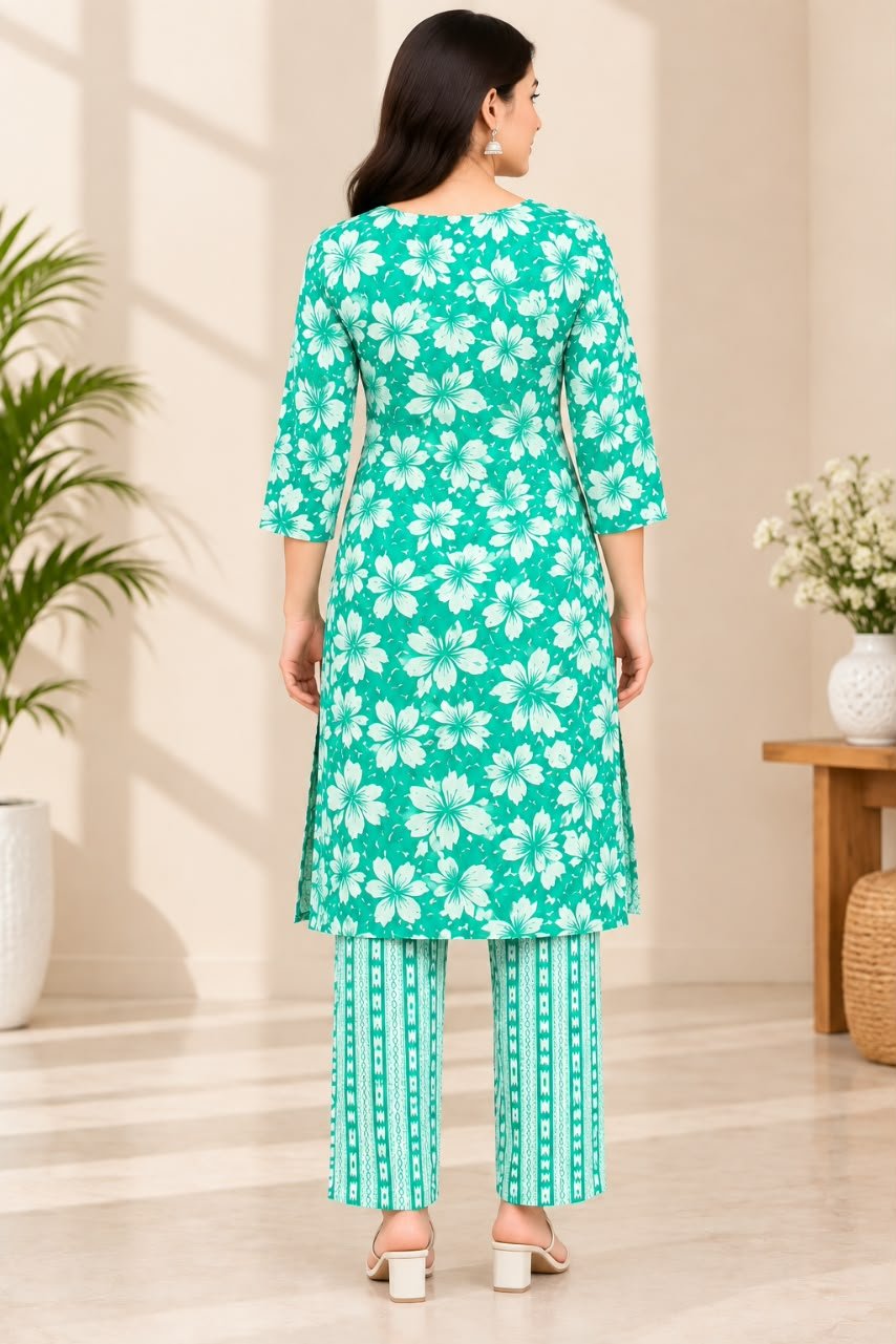 Women’s Green Floral Printed Kurti with Trouser Set image 2