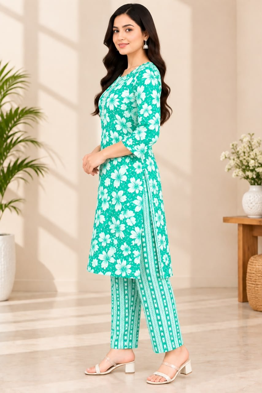 Women’s Green Floral Printed Kurti with Trouser Set image 3