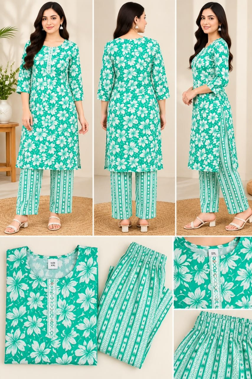 Women’s Green Floral Printed Kurti with Trouser Set image 4